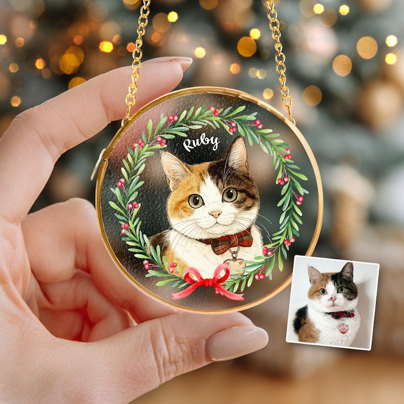 Custom Pet Portrait Glass Ornament, Dog Christmas Ornament, Pet Lover Gift, Pet Memorial Gift, Dog Lover Gift, Pet Christmas Decor