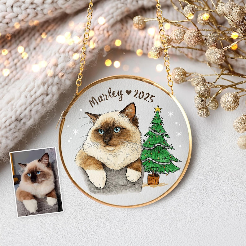 Custom Pet Portrait Glass Ornament, Dog Christmas Ornament, Pet Lover Gift, Pet Memorial Gift, Dog Lover Gift, Pet Christmas Decor