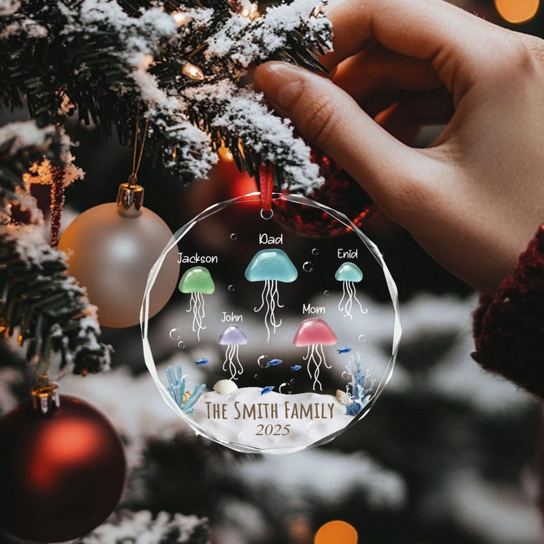 Personalized Sea Glass Jellyfish Ornament, Family Name Christmas Ornament, Coastal Family Christmas Tree Ornament, Christmas Family Gifts