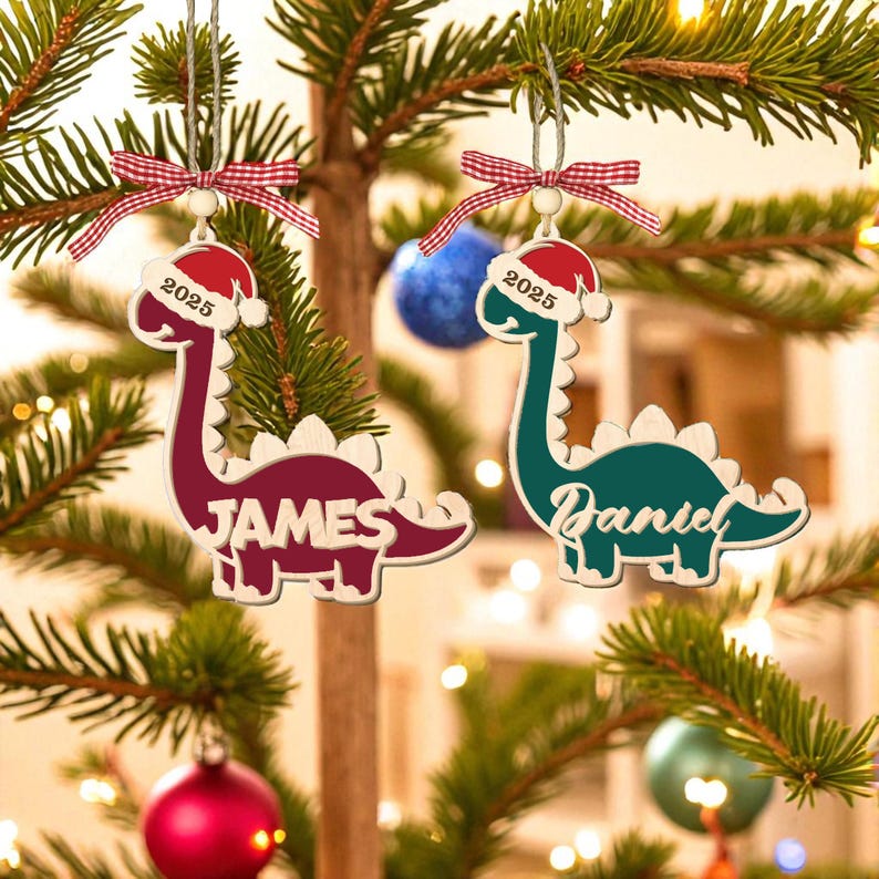 Personalized Kid Dinosaur Christmas Ornament 2025, Custom Kids Name Ornament, Wooden Brontosaurus Tree Decoration