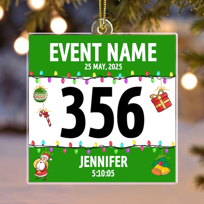 Custom Race Bib Acrylic Christmas Ornament: Cross Country Marathon Runner Gifts