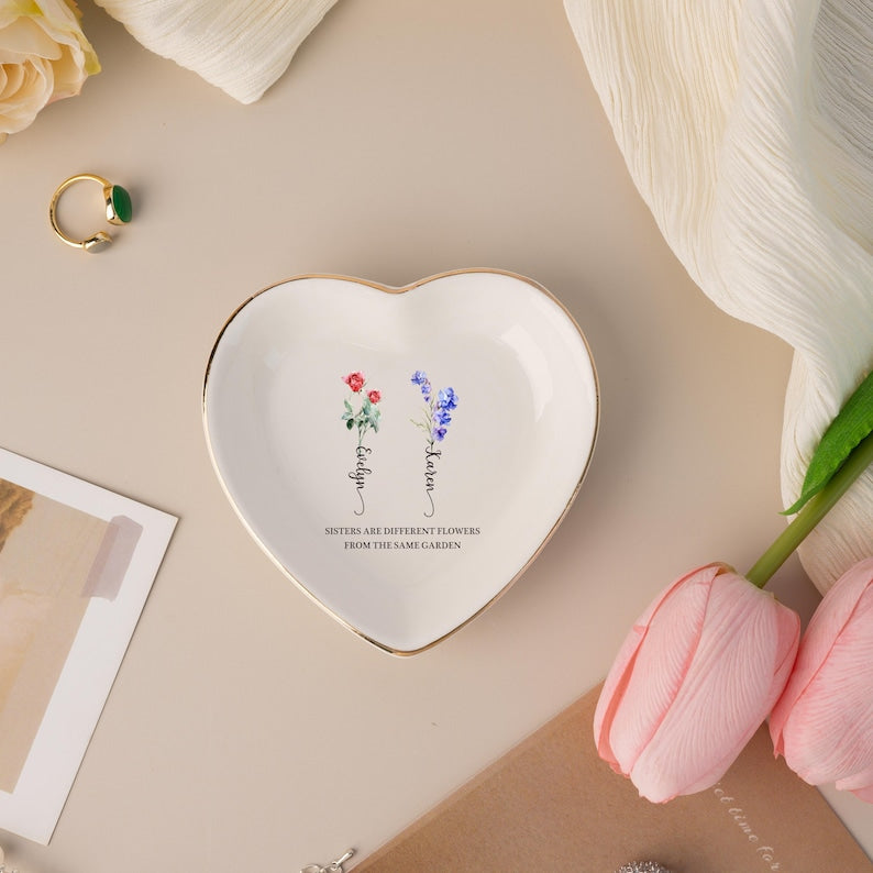 Custom Birth Flower Trinket Tray for Sisters,Personalized Jewelry Dish, Sisters Are Different Flower, Gift for Sister,Friend,Mom