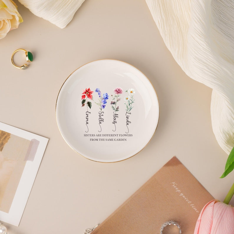 Custom Birth Flower Trinket Tray for Sisters,Personalized Jewelry Dish, Sisters Are Different Flower, Gift for Sister,Friend,Mom