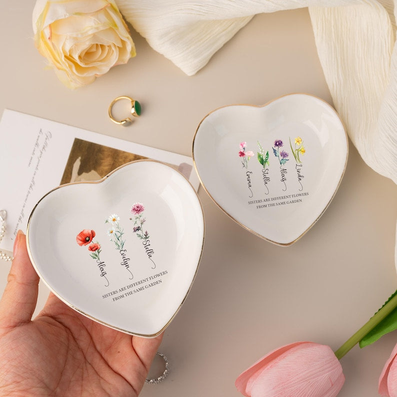 Custom Birth Flower Trinket Tray for Sisters,Personalized Jewelry Dish, Sisters Are Different Flower, Gift for Sister,Friend,Mom