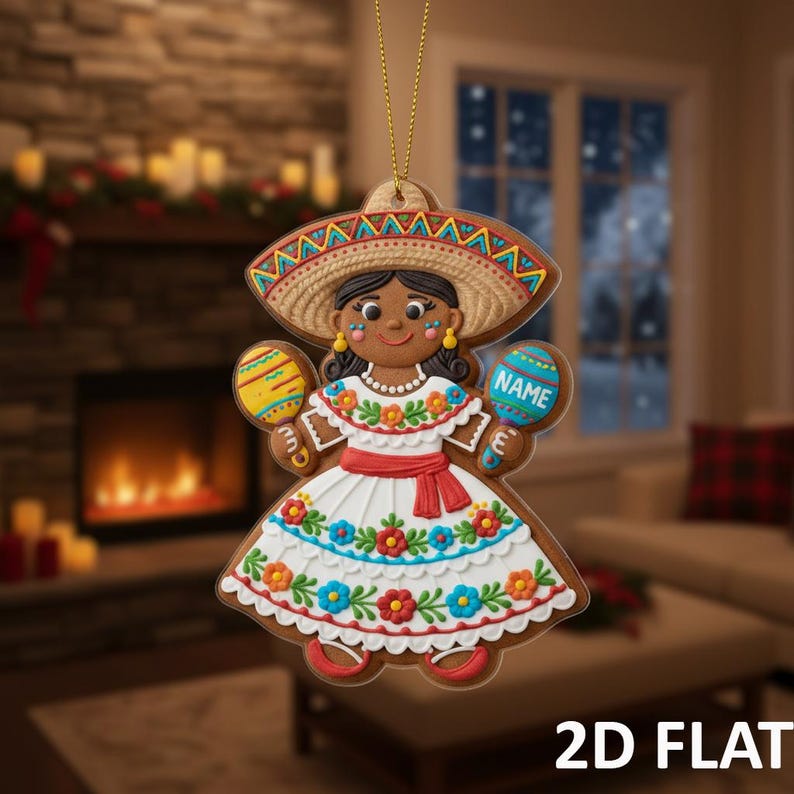 Personalized Mexican Gingerbread 2D FLAT Ornament, Custom Gingerbread Ornament, Fiesta Dress Christmas Tree Decoration,Mexican Holiday Decor