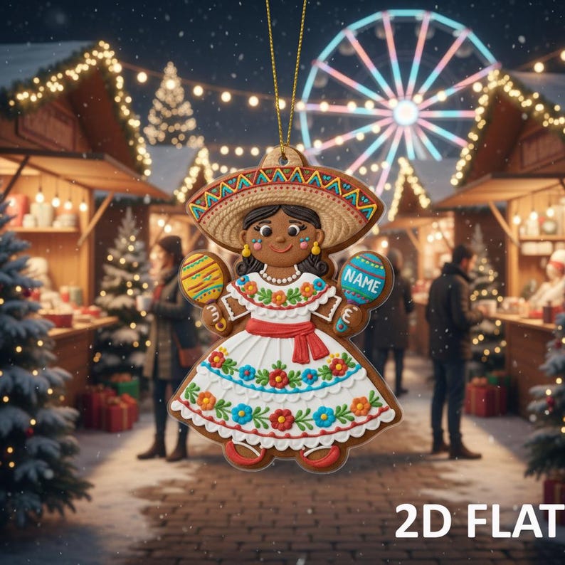 Personalized Mexican Gingerbread 2D FLAT Ornament, Custom Gingerbread Ornament, Fiesta Dress Christmas Tree Decoration,Mexican Holiday Decor