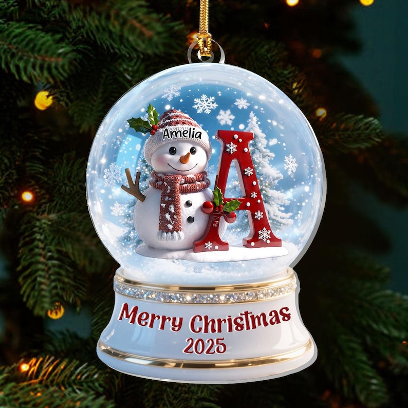 Personalized Snowglobe Snowman Merry Christmas Ornament, Custom Snowglobe 1-Layer Acrylic Ornament, Alphabet Letter Ornament