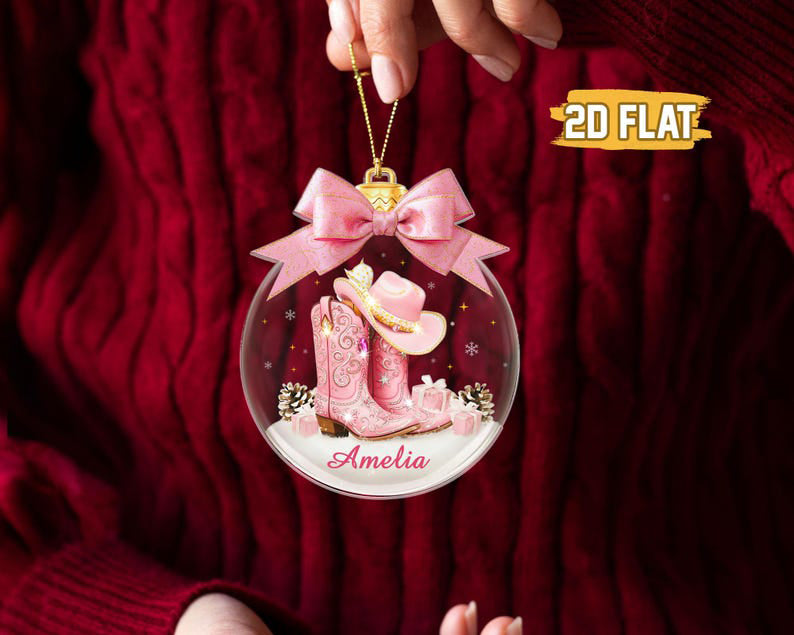 Custom Name Cow Girl Ornament, Coquette Bow Hat Gift For Girls, Cowgirl Boots 2D Flat Acrylic Ornament, Western Girl Christmas Gift