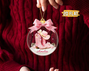 Custom Name Cow Girl Ornament, Coquette Bow Hat Gift For Girls, Cowgirl Boots 2D Flat Acrylic Ornament, Western Girl Christmas Gift