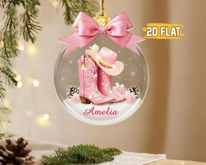 Custom Name Cow Girl Ornament, Coquette Bow Hat Gift For Girls, Cowgirl Boots 2D Flat Acrylic Ornament, Western Girl Christmas Gift