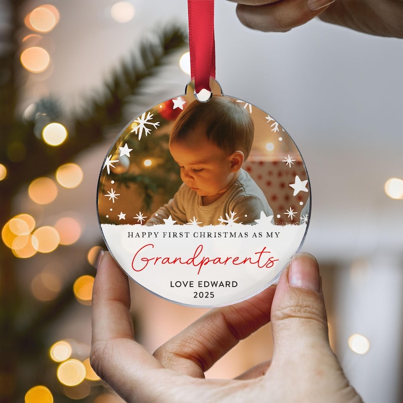 Baby First Christmas Ornament for Grandparents, Personalised Photo Bauble, Custom Keepsake Gift 2025, Newborn Tree Decoration, Acrylic Xmas
