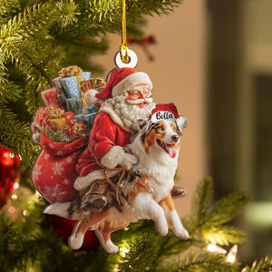 Personalized Australian Shepherd Dog and Santa Christmas Wood Ornament, Flat 2D Holiday Tree Decor Gift Dog Lovers, Families Pet Keepsakef