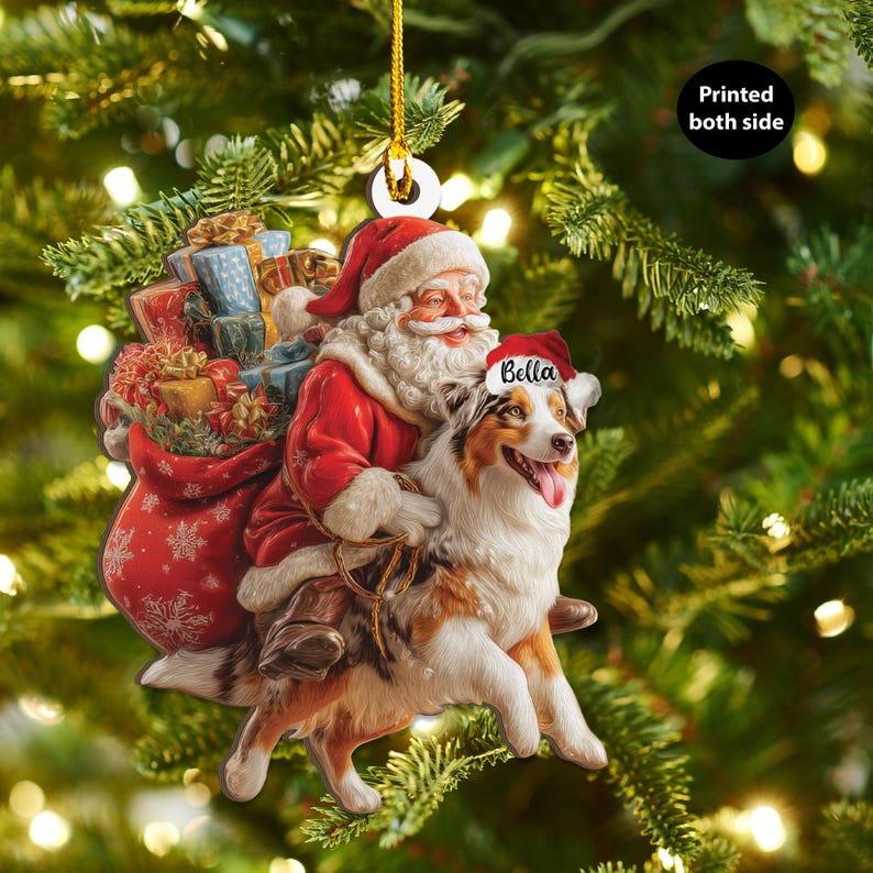 Personalized Australian Shepherd Dog and Santa Christmas Wood Ornament, Flat 2D Holiday Tree Decor Gift Dog Lovers, Families Pet Keepsakef