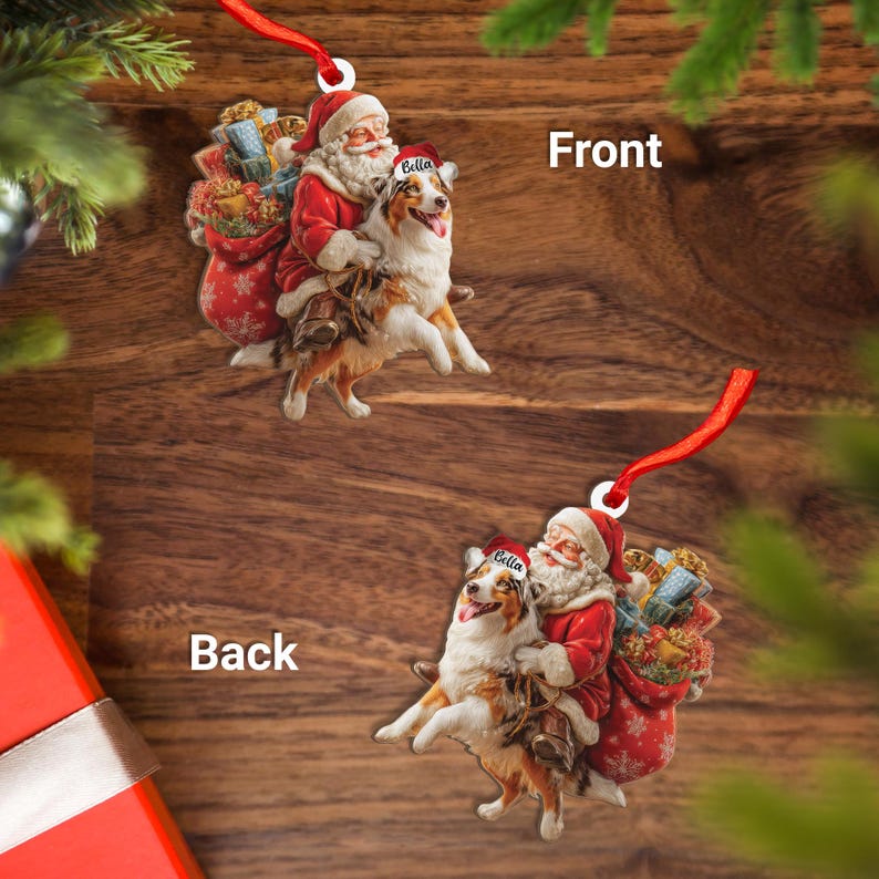 Personalized Australian Shepherd Dog and Santa Christmas Wood Ornament, Flat 2D Holiday Tree Decor Gift Dog Lovers, Families Pet Keepsakef