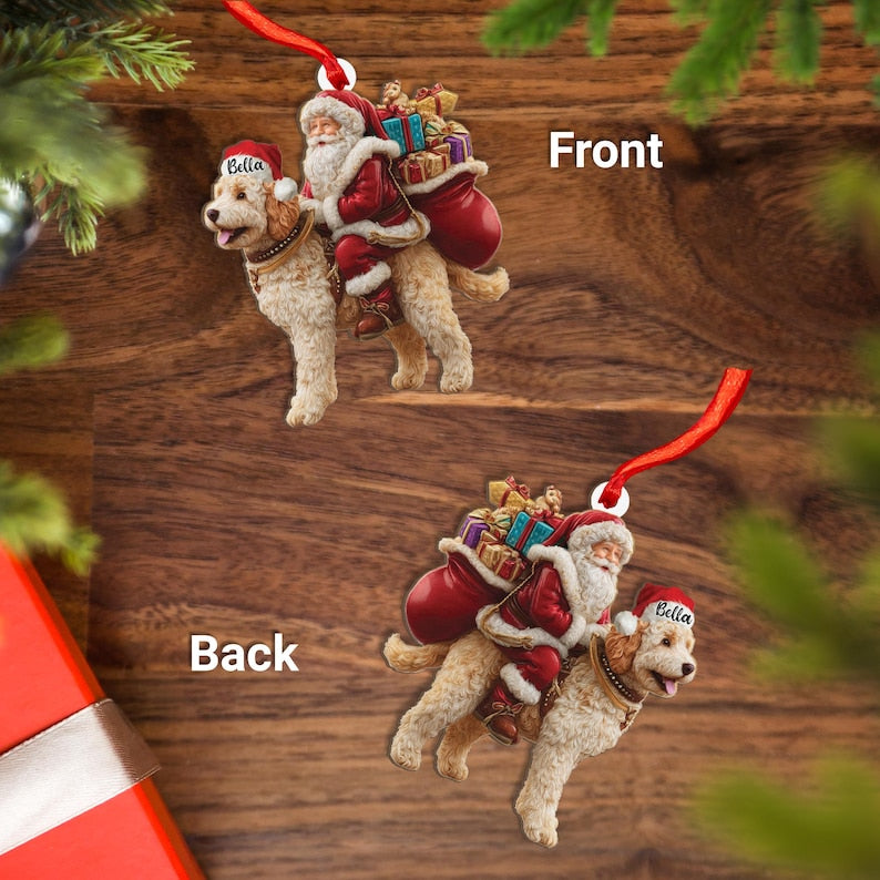 Personalized Goldendoodle Dog and Santa Christmas Wood Ornament, Flat 2D Holiday Tree Decor Gift for Dog Lovers, Families Pet Keepsakef