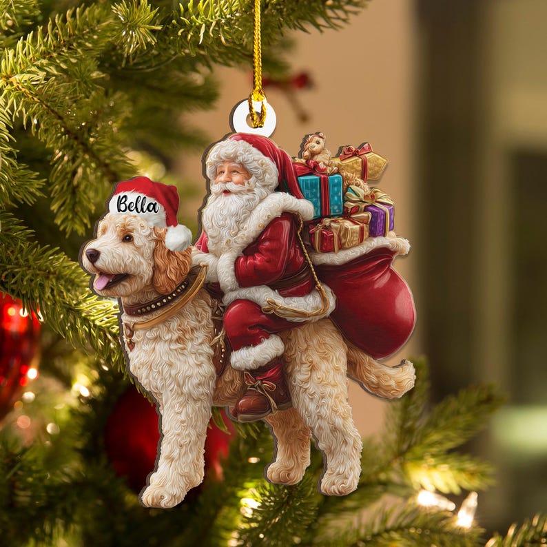 Personalized Goldendoodle Dog and Santa Christmas Wood Ornament, Flat 2D Holiday Tree Decor Gift for Dog Lovers, Families Pet Keepsakef