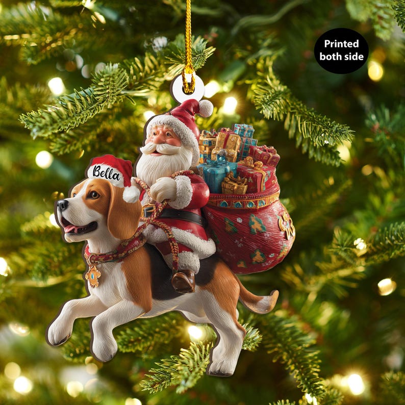 Personalized Beagle Dog and Santa Christmas Wood Ornament, Flat 2D Holiday Tree Decor Gift Dog Lover, Families Pet Keepsakef