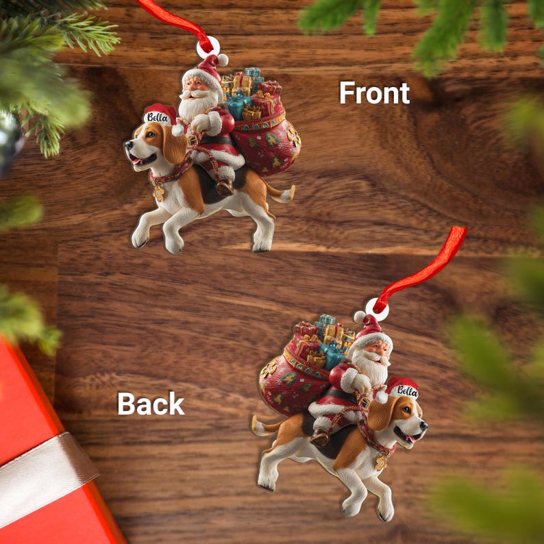 Personalized Beagle Dog and Santa Christmas Wood Ornament, Flat 2D Holiday Tree Decor Gift Dog Lover, Families Pet Keepsakef