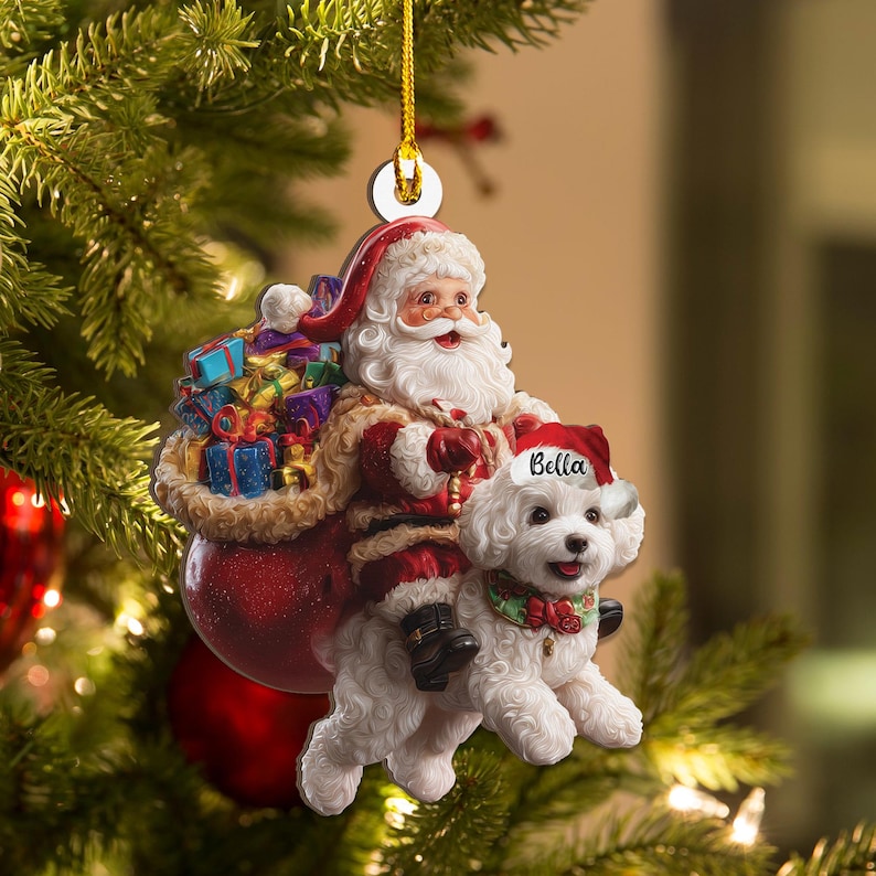 Personalized Bichon Frise Dog and Santa Christmas Wood Ornament, Flat 2D Holiday Tree Decor Gift Dog Lover, Families Pet Keepsakef