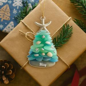 Personalized Sea Glass Christmas Tree Ornament, Custom Coastal Xmas Decor, Ocean Inspired Gift for Beach Lovers 2D flat acrylic keepsake
