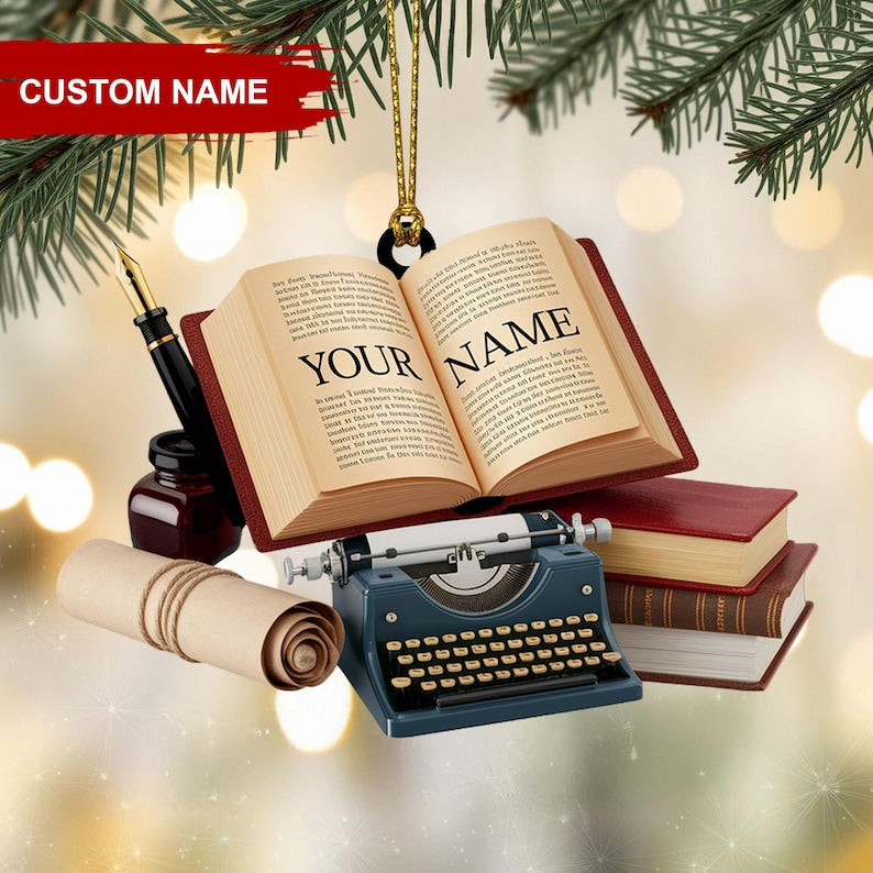 Personalized Writer Christmas Ornament, Custom Name Book with Typewriter and Ink Set, Unique Gift for Authors Journalists and Book Lovers
