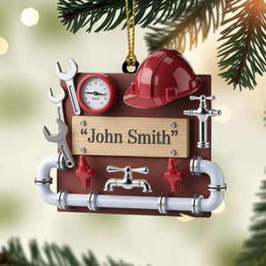 Personalized Plumber Christmas Ornament, Custom Name Tool Board with Pipes and Hard Hat, Unique Gift for Plumbing Technicians and Handymen