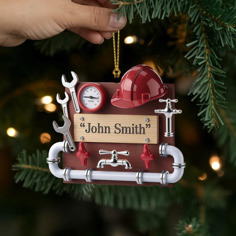 Personalized Plumber Christmas Ornament, Custom Name Tool Board with Pipes and Hard Hat, Unique Gift for Plumbing Technicians and Handymen