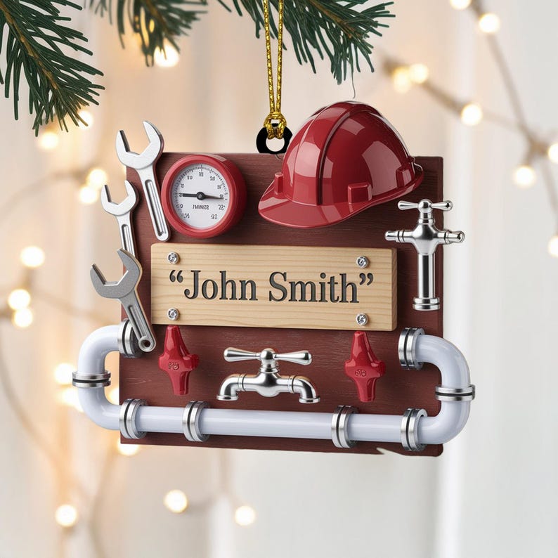 Personalized Plumber Christmas Ornament, Custom Name Tool Board with Pipes and Hard Hat, Unique Gift for Plumbing Technicians and Handymen