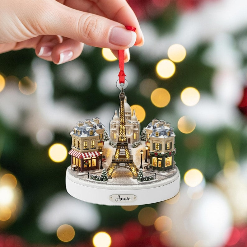 Personalized Paris Village Ornament - Custom Eiffel Tower Christmas Gift Decoration