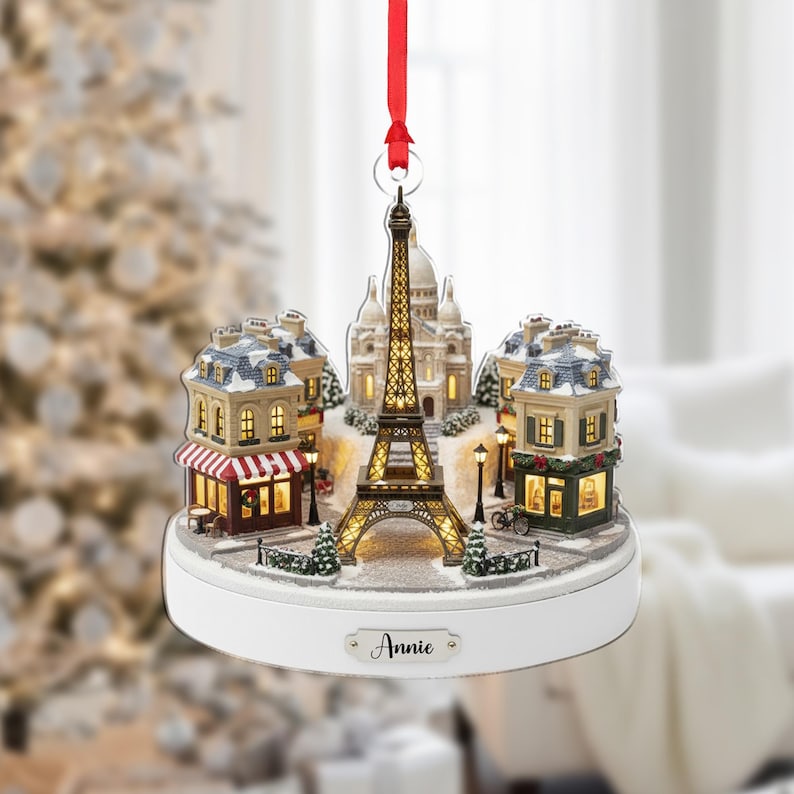 Personalized Paris Village Ornament - Custom Eiffel Tower Christmas Gift Decoration