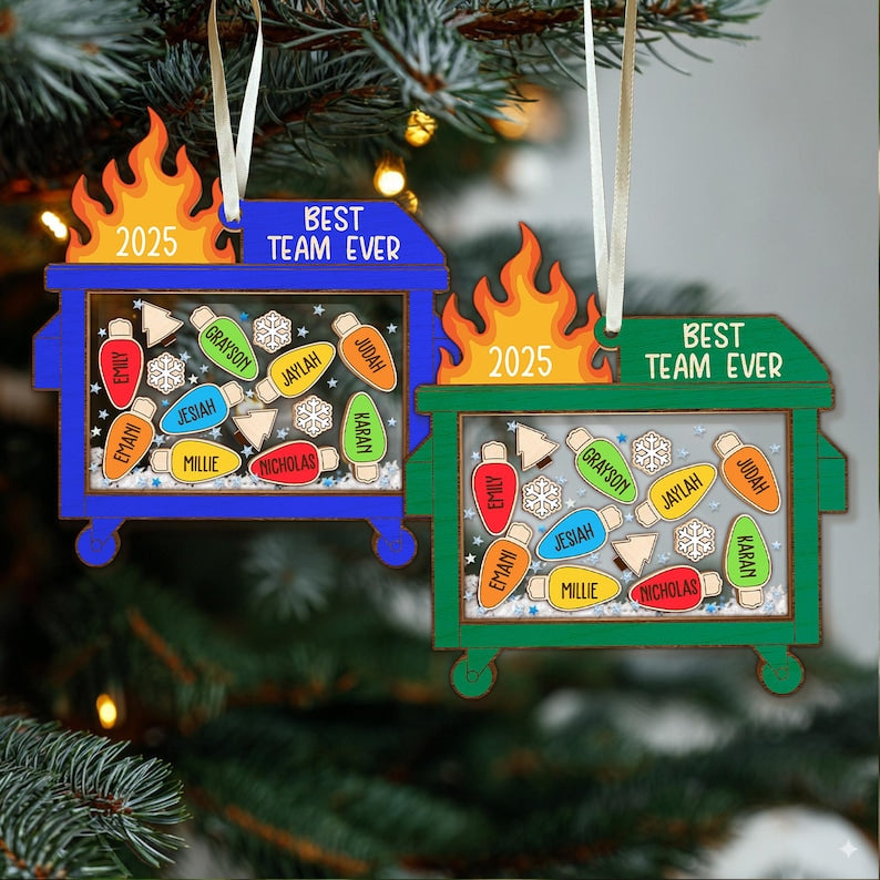 Personalized Shaker Dumpster Fire Best Team Ever Ornament: Funny Coworker Gift