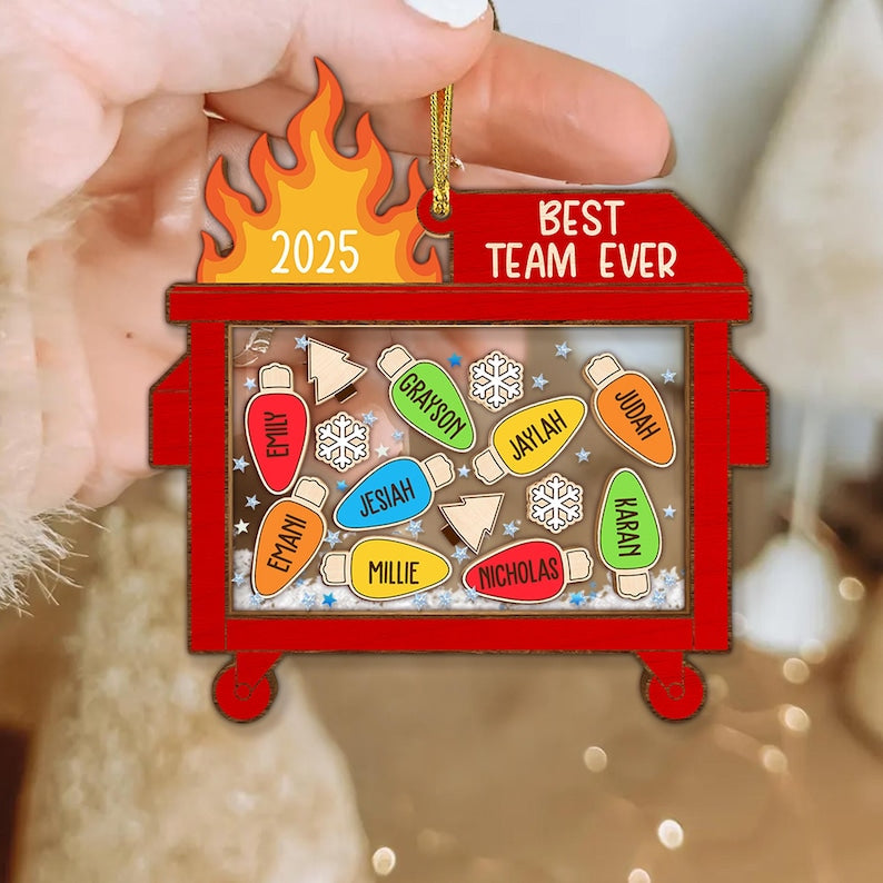 Personalized Shaker Dumpster Fire Best Team Ever Ornament: Funny Coworker Gift