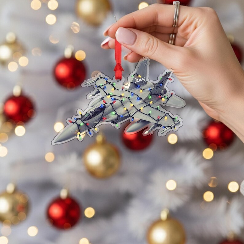 PERSONALIZED Fighter Jet Xmas Ornament, Custom Name Military Aviation Gift, Pilot Air Force Holiday Tree Decor, Acrylic Aircraft Keepsake