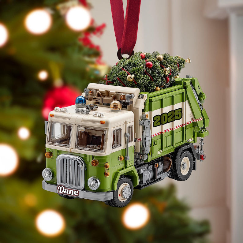 Garbage Truck Christmas Ornament, Green Sanitation Truck with Christmas Tree, Personalized Name Year, Recycling Worker Gift, Holiday 2025