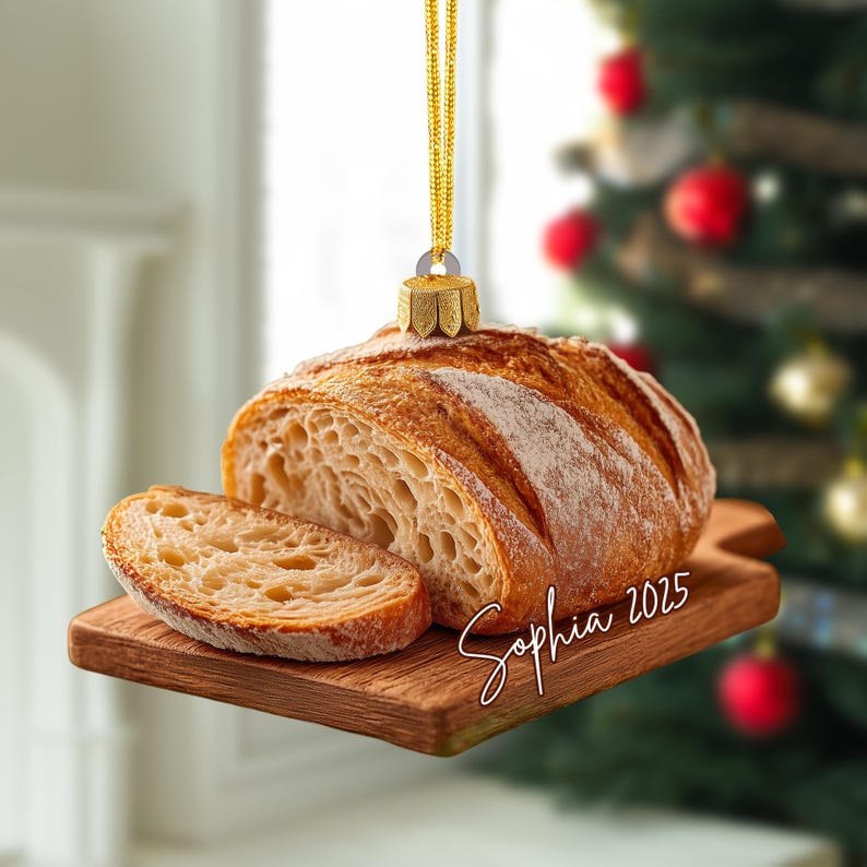 Bread Loaf Christmas Ornament, Artisan Sourdough on Wooden Board, Personalized Name Year, Baker Gift, Kitchen Style, Xmas Tree Decor 2025