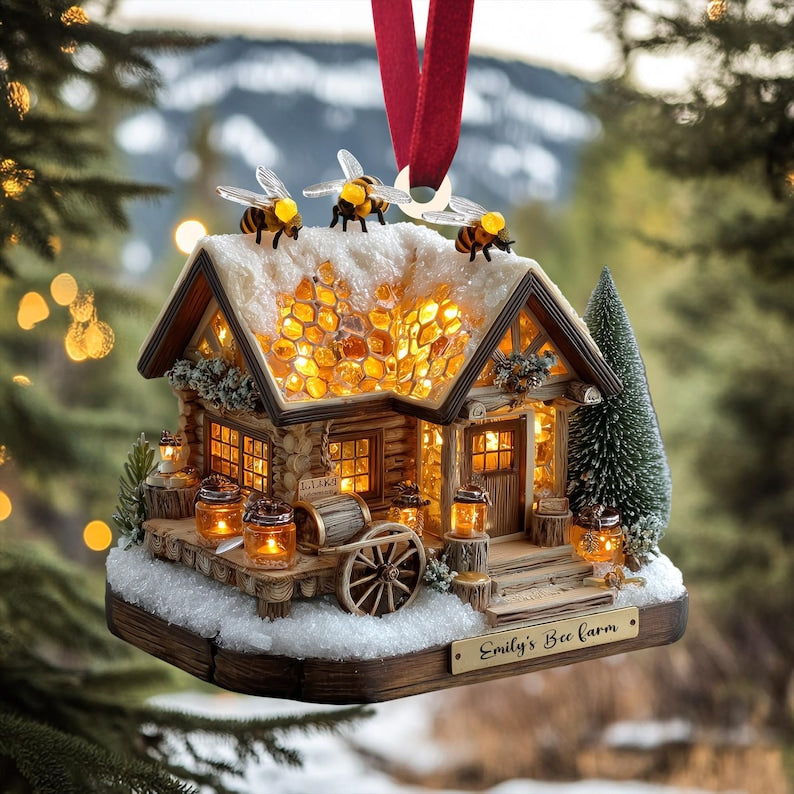 Bee Honey Cabin Christmas Ornament, Lighted Log House with Honeycomb Roof & Bees, Personalized Name Year, Cozy Winter Xmas Village 2025