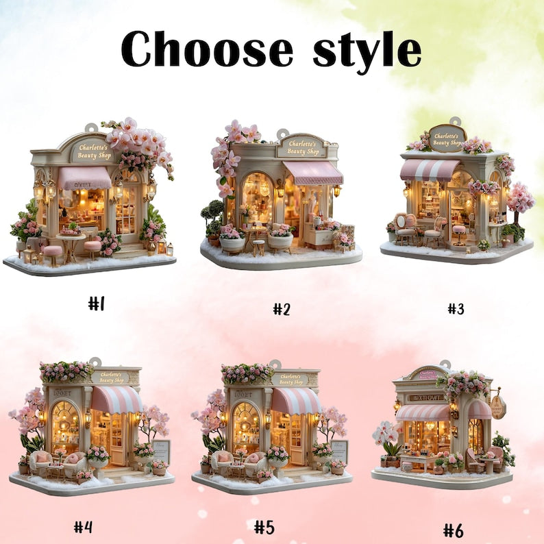 Parisian Beauty Boutique Christmas Ornament, Blush Awning Lanterns, Pink Orchids & Roses, Personalized Name Year, Xmas Village 2025