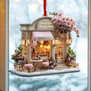 Parisian Beauty Boutique Christmas Ornament, Blush Awning Lanterns, Pink Orchids & Roses, Personalized Name Year, Xmas Village 2025