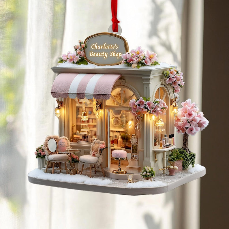 Parisian Beauty Boutique Christmas Ornament, Blush Awning Lanterns, Pink Orchids & Roses, Personalized Name Year, Xmas Village 2025