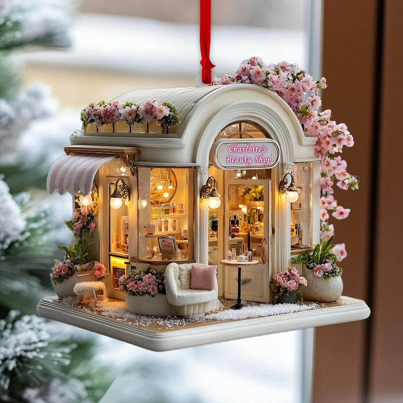 Parisian Beauty Boutique Christmas Ornament, Blush Awning Lanterns, Pink Orchids & Roses, Personalized Name Year, Xmas Village 2025