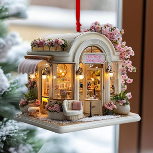 Parisian Beauty Boutique Christmas Ornament, Blush Awning Lanterns, Pink Orchids & Roses, Personalized Name Year, Xmas Village 2025