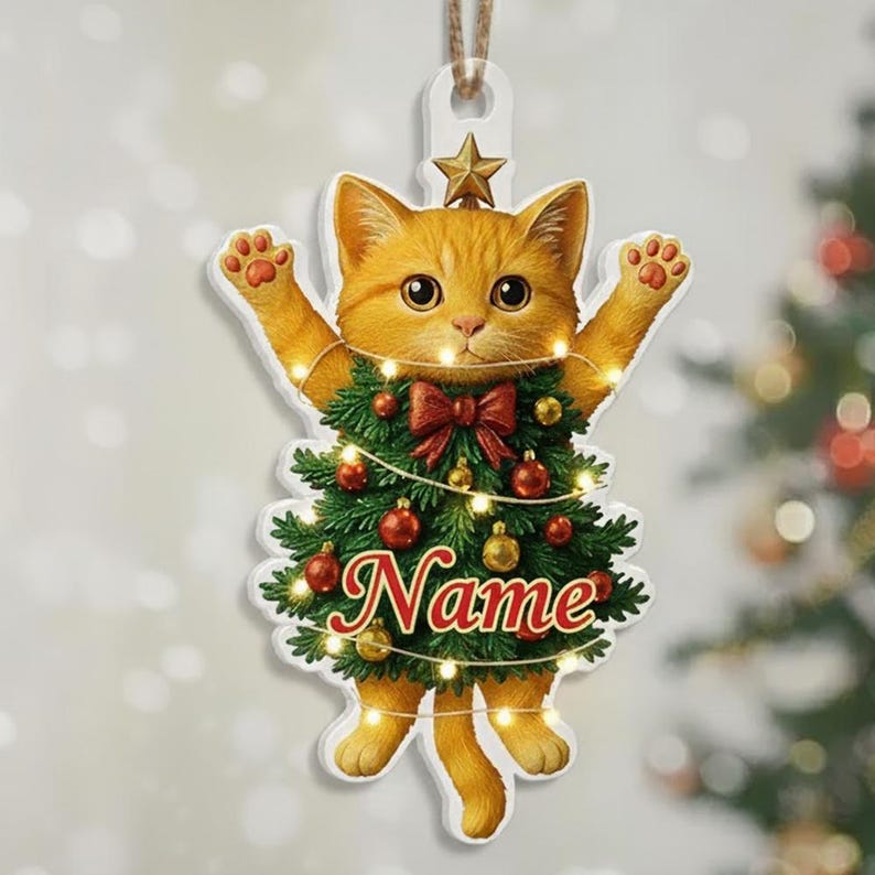 Personalized Whimsical Acrylic Cat Christmas Ornament, Cute Cat Lover Tree Decoration, Cute Kitty Holiday Decor, Xmas Gift for Cat Lovers
