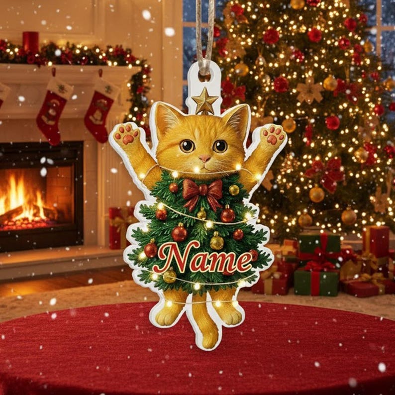Personalized Whimsical Acrylic Cat Christmas Ornament, Cute Cat Lover Tree Decoration, Cute Kitty Holiday Decor, Xmas Gift for Cat Lovers
