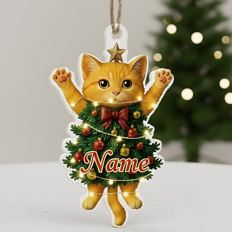 Personalized Whimsical Acrylic Cat Christmas Ornament, Cute Cat Lover Tree Decoration, Cute Kitty Holiday Decor, Xmas Gift for Cat Lovers
