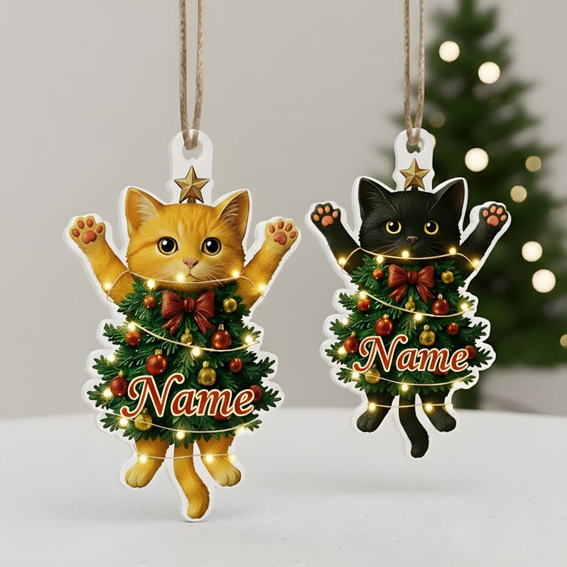Personalized Whimsical Acrylic Cat Christmas Ornament, Cute Cat Lover Tree Decoration, Cute Kitty Holiday Decor, Xmas Gift for Cat Lovers