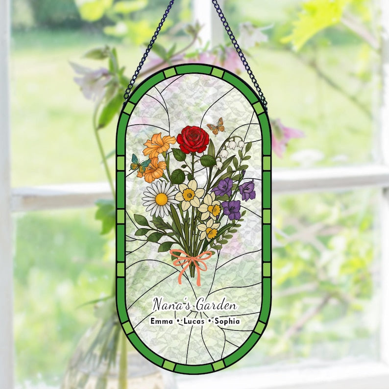 Custom Family Birth Flower Stained Glass Suncatcher | Personalized Birth Month Window Hanging Gift for Mom Grandma | Handmade Floral Decor