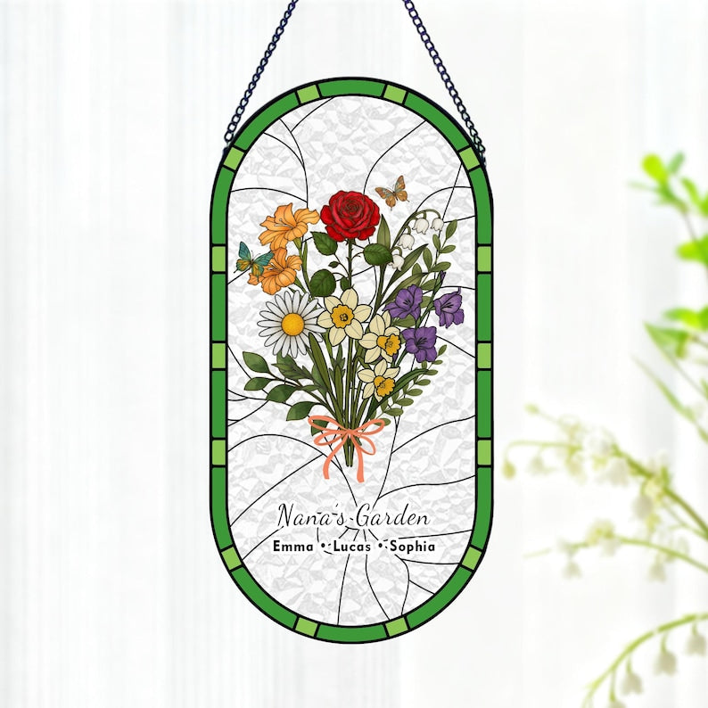 Custom Family Birth Flower Stained Glass Suncatcher | Personalized Birth Month Window Hanging Gift for Mom Grandma | Handmade Floral Decor