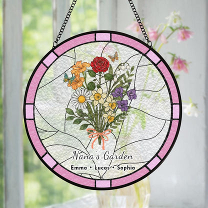 Custom Family Birth Flower Stained Glass Suncatcher | Personalized Birth Month Window Hanging Gift for Mom Grandma | Handmade Floral Decor