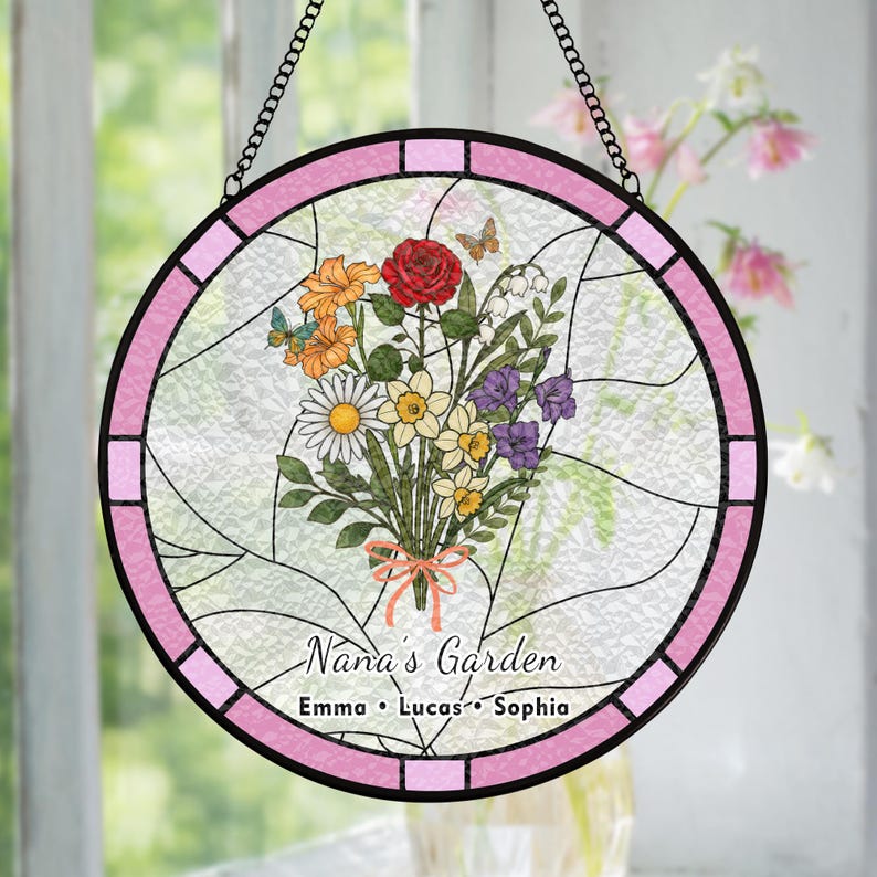 Custom Family Birth Flower Stained Glass Suncatcher | Personalized Birth Month Window Hanging Gift for Mom Grandma | Handmade Floral Decor
