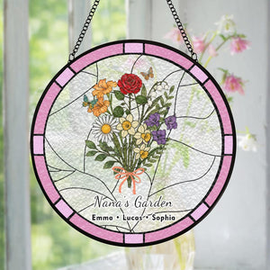 Custom Family Birth Flower Stained Glass Suncatcher | Personalized Birth Month Window Hanging Gift for Mom Grandma | Handmade Floral Decor